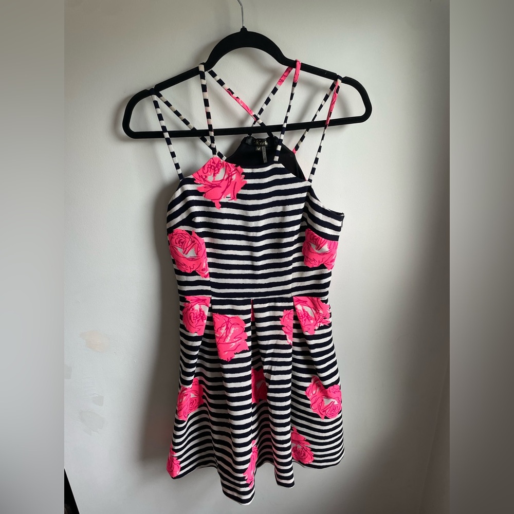 Maria Black and White Striped Pink Roses Fit and Flare Dress Medium (J)